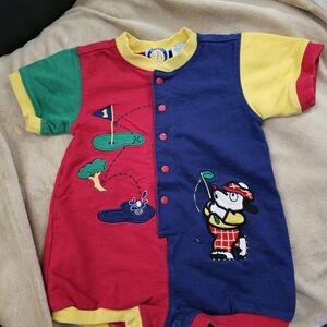 Vintage 90s Authentic Baby Primary Color Block Golfing Dog Romper